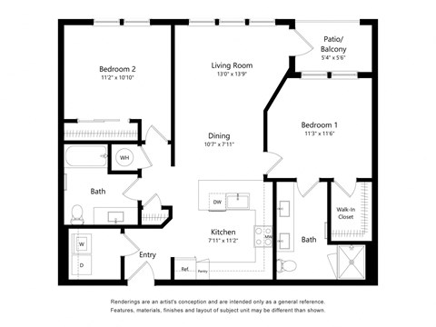 Floor plan for 2 beds, 2 baths, 1028 sqft